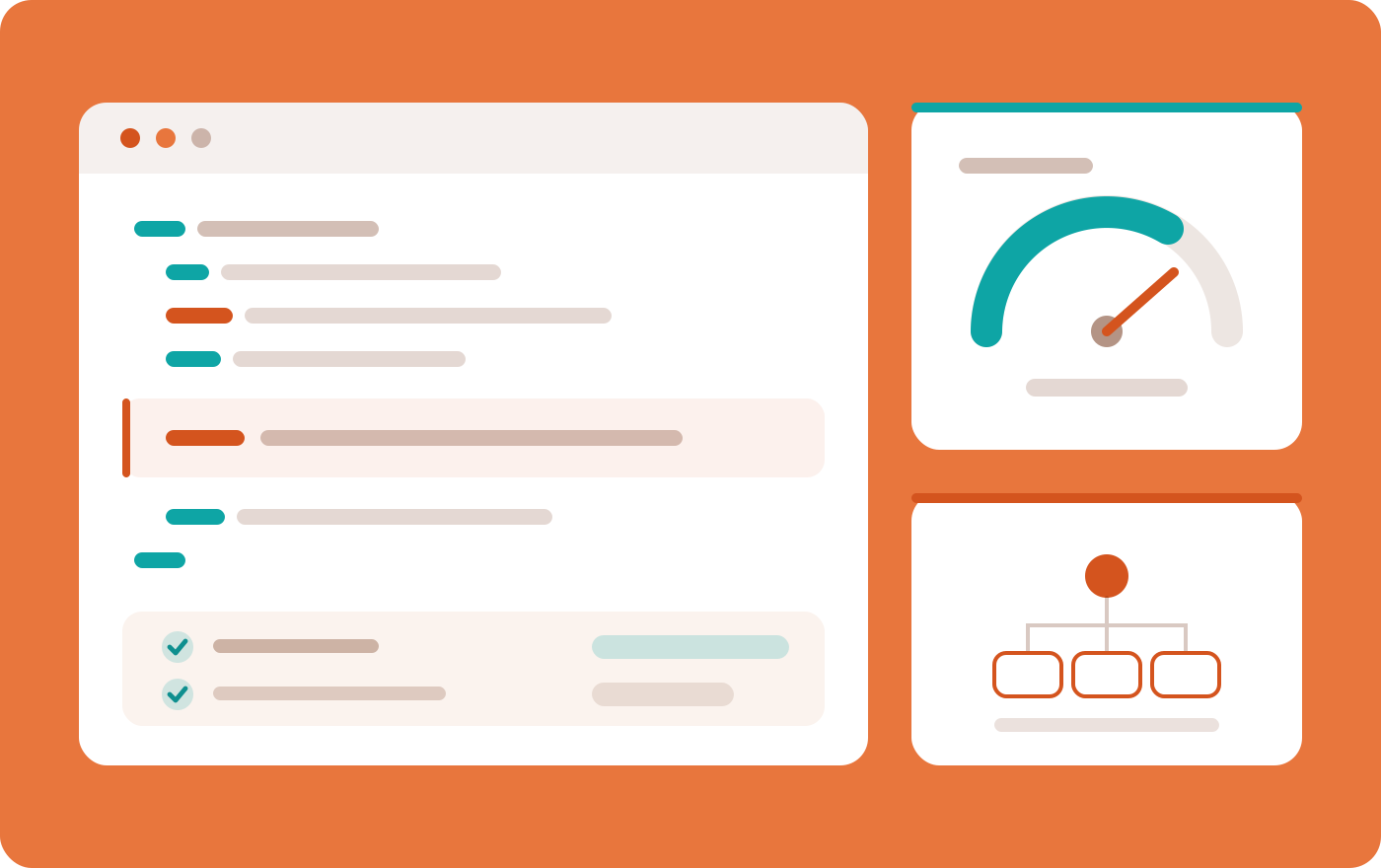 Technical SEO elements: a page's code with heading and meta tags, a site speed gauge, and a crawl checklist showing sitemap and robots file status